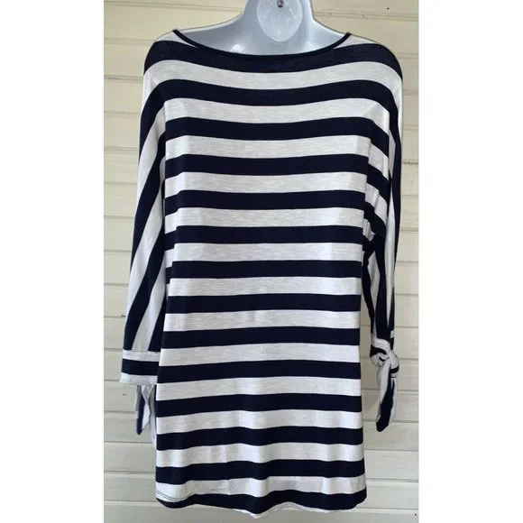 Soft Surroundings Sz XS Adrift Top Nautical Navy White Stripe Blouse Stretch EUC - Picture 6 of 8